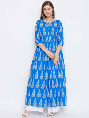 Turquoise Digital Printed Muslin Stiched Readymade Gown 1