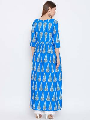 Turquoise Digital Printed Muslin Stiched Readymade Gown 2