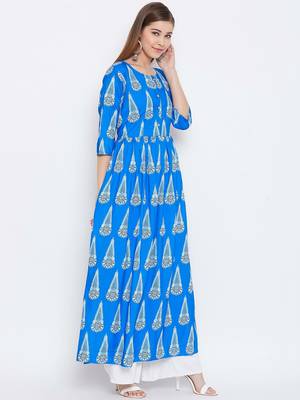 Turquoise Digital Printed Muslin Stiched Readymade Gown 3