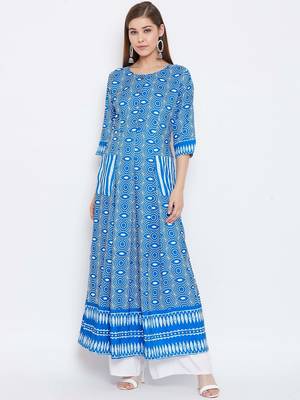 Blue Digital Printed Muslin Stiched Readymade Gown 1