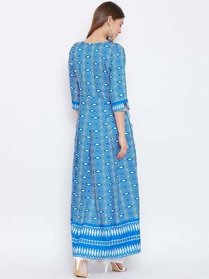 Blue Digital Printed Muslin Stiched Readymade Gown 2