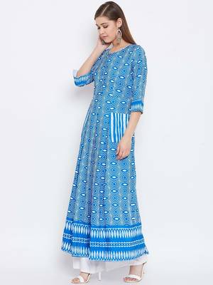 Blue Digital Printed Muslin Stiched Readymade Gown 3