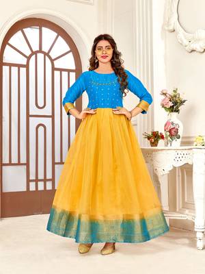 Blue,Yellow Wevon Designer,Hand Work Organza Stiched Readymade Gown 1