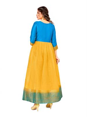 Blue,Yellow Wevon Designer,Hand Work Organza Stiched Readymade Gown 2