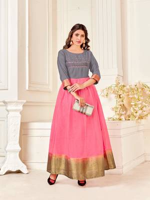 Grey,Pink Wevon Designer,Hand Work Organza Stiched Readymade Gown 1