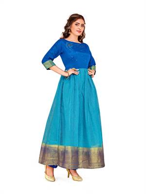 Blue,Tuequoise Wevon Designer,Hand Work Organza Stiched Readymade Gown 2