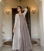 Grey Digital Printed Maslin Stiched Readymade Gown