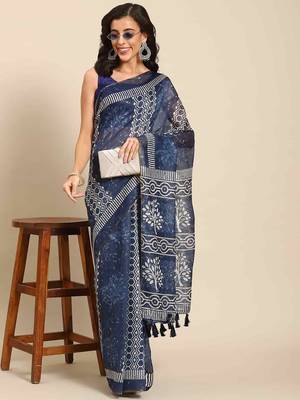 Silk Land  Blue  Woven Design Cotton Blend Saree  1