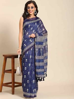 Silk Land  Blue  Woven Design Cotton Blend Saree  1