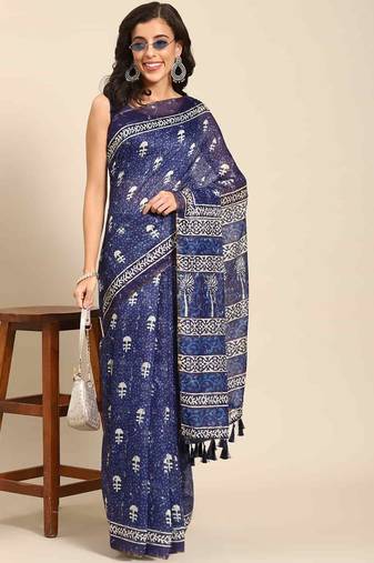 Silk Land  Blue  Woven Design Cotton Blend Saree 