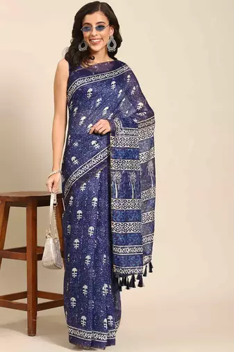 Silk Land  Blue  Woven Design Cotton Blend Saree 