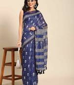 Silk Land  Blue  Woven Design Cotton Blend Saree 