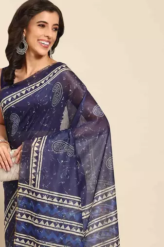 Silk Land  Blue  Woven Design Cotton Blend Saree 
