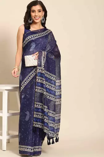 Silk Land  Blue  Woven Design Cotton Blend Saree 