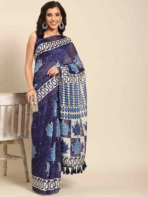 Silk Land  Blue  Woven Design Cotton Blend Saree  1