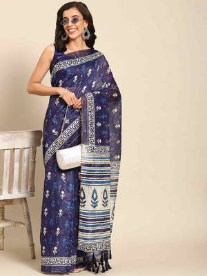 Silk Land  Blue  Woven Design Cotton Blend Saree  1
