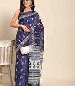 Silk Land  Blue  Woven Design Cotton Blend Saree 