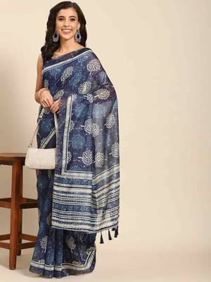 Silk Land  Blue  Woven Design Cotton Blend Saree  1