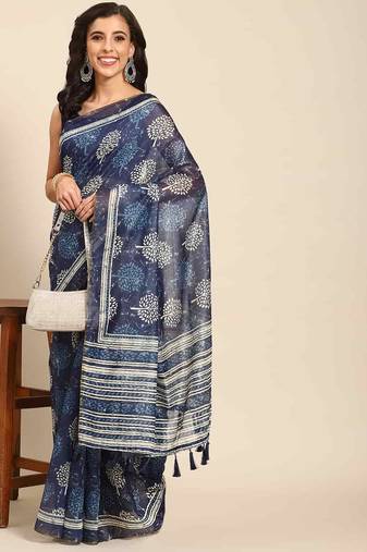 Silk Land  Blue  Woven Design Cotton Blend Saree 