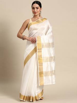 Silk Land  white  woven design cotton blend saree  1