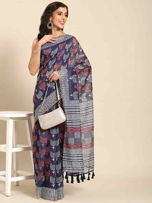 Silk Land  Navy Blue  Woven Design Cotton Blend Saree  1