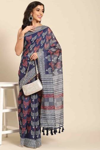 Silk Land  Navy Blue  Woven Design Cotton Blend Saree 