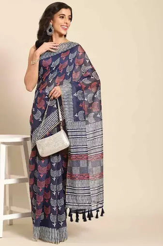 Silk Land  Navy Blue  Woven Design Cotton Blend Saree 