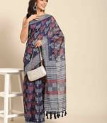 Silk Land  Navy Blue  Woven Design Cotton Blend Saree 