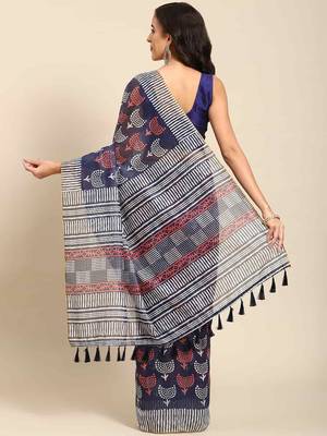 Silk Land  Navy Blue  Woven Design Cotton Blend Saree  2