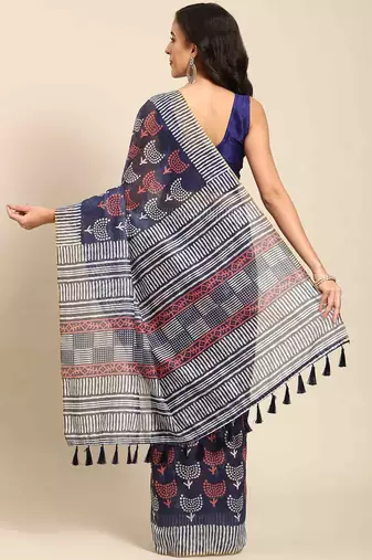 Silk Land  Navy Blue  Woven Design Cotton Blend Saree 