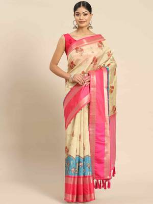 Silk Land  Beige  Printed Art Silk Saree  1
