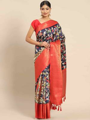 Silk Land  Navy Blue  Printed Art Silk Saree  1