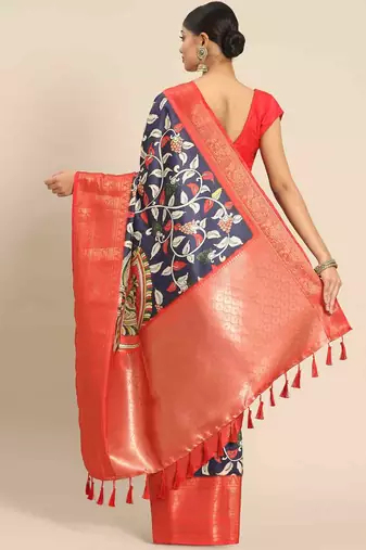 Silk Land  Navy Blue  Printed Art Silk Saree 