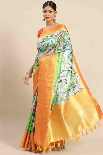 Silk Land  Blue  Printed Art Silk Saree 