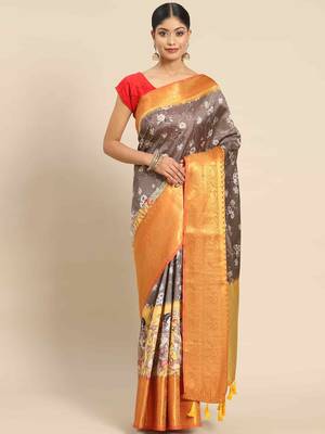 Silk Land  Grey  Printed Art Silk Saree  1