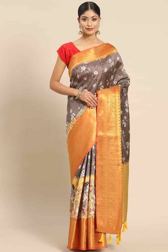Silk Land  Grey  Printed Art Silk Saree 