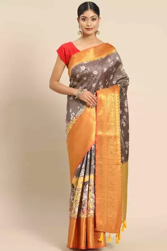 Silk Land  Grey  Printed Art Silk Saree 
