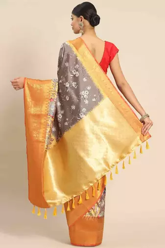 Silk Land  Grey  Printed Art Silk Saree 