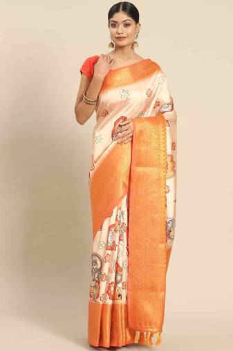 Silk Land  Peach  Printed Art Silk Saree 