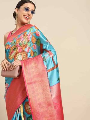 Silk Land  Blue  Printed Art Silk Saree  1