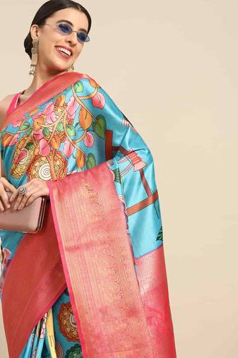 Silk Land  Blue  Printed Art Silk Saree 