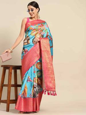 Silk Land  Blue  Printed Art Silk Saree  2