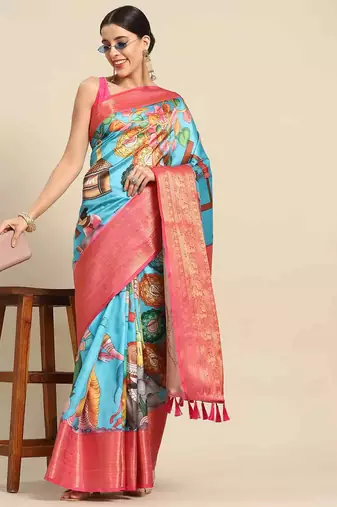 Silk Land  Blue  Printed Art Silk Saree 