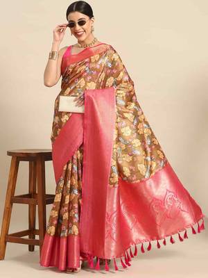 Silk Land  Brown  Printed Art Silk Saree  1