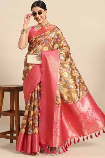 Silk Land  Brown  Printed Art Silk Saree 