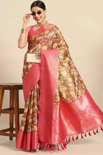 Silk Land  Brown  Printed Art Silk Saree 