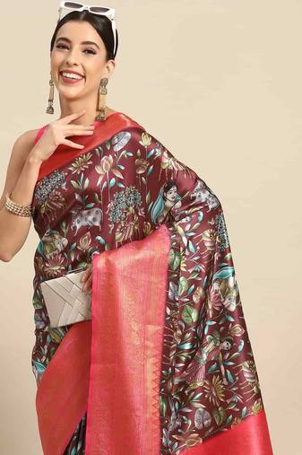 Silk Land  Brown  Printed Art Silk Saree 