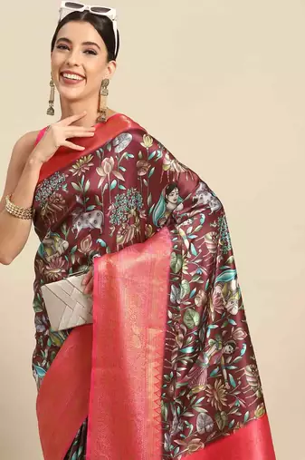 Silk Land  Brown  Printed Art Silk Saree 