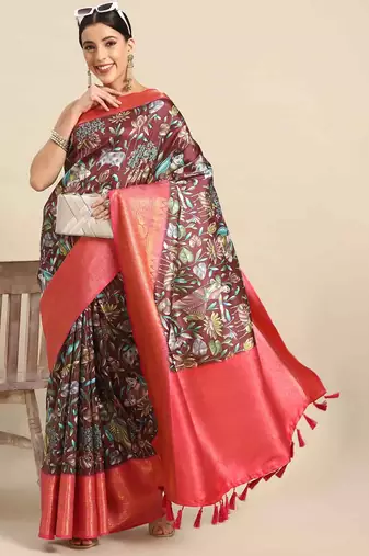 Silk Land  Brown  Printed Art Silk Saree 