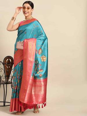 Silk Land  Teal  Printed Art Silk Saree  1